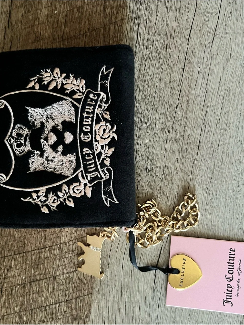 Juicy Couture Black Velour Scottie Crest Zip Around Wallet Charm Y2K Aesthetic